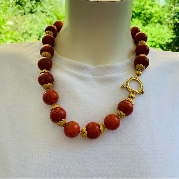 Large size red real Coral balls Necklace & Gold tone real silver Earrings 3 Pc - Picture 3 of 16